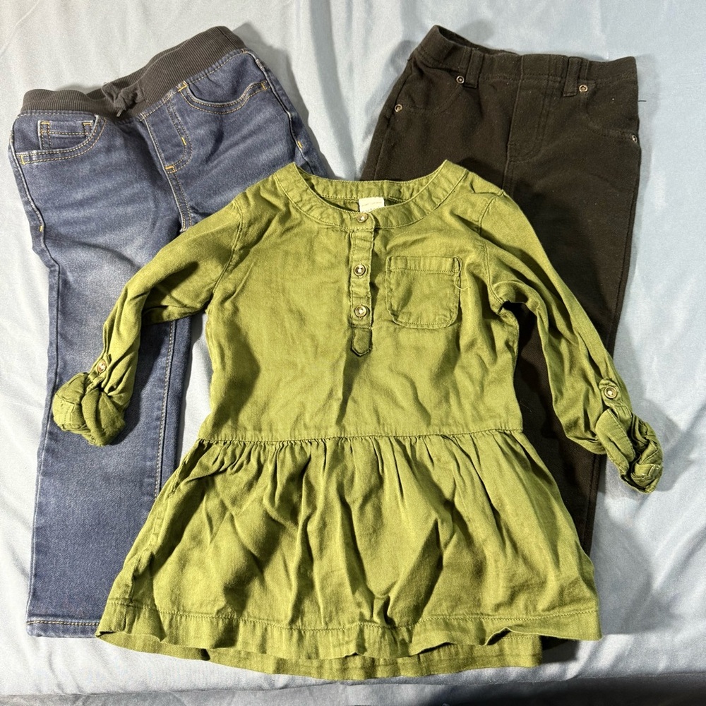 Girls 3T 3-Piece Outfit Bundle Stretch Waist Pants and Long Sleeve Shirt